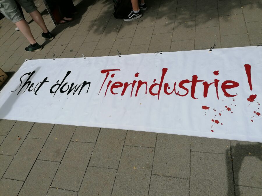 Auf dem Boden liegt ein Banner mit der Aufschrift "shut down Tierindustrie!"