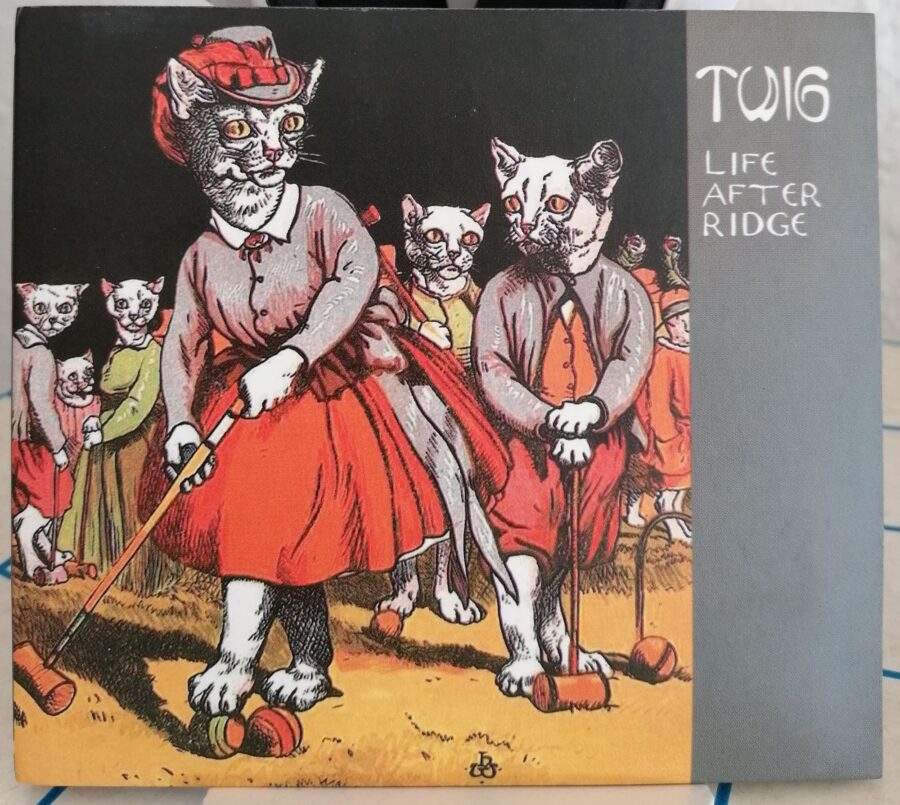 Twig - Life After Ridge (CD). Das Cover ziert eine bute Zeichnung von mehreren Crickett spielenden Katzen, die aufrecht stehen.